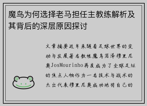 魔鸟为何选择老马担任主教练解析及其背后的深层原因探讨